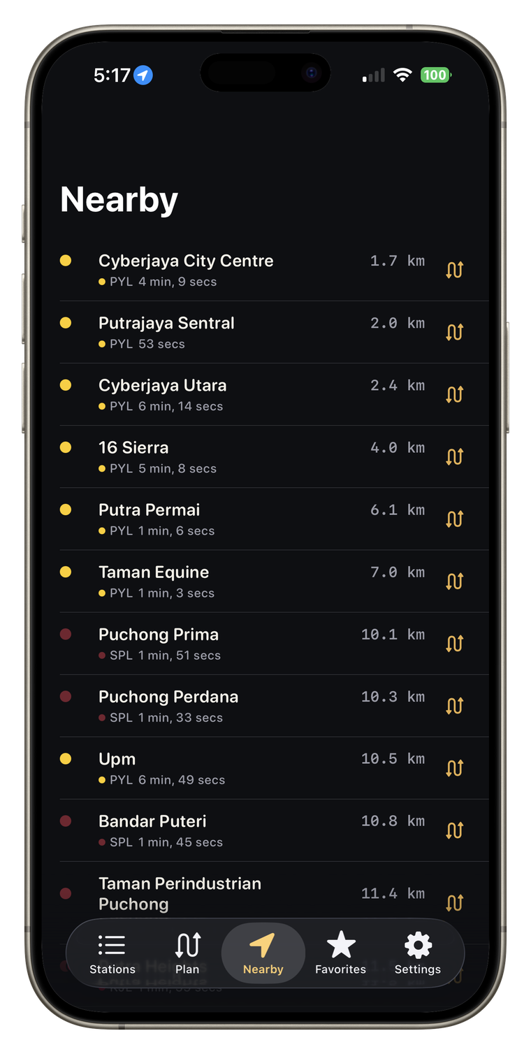 MetroGO MY nearby stations sorted by distance