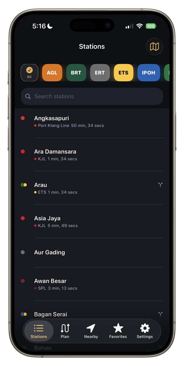 MetroGO MY station list with line filters