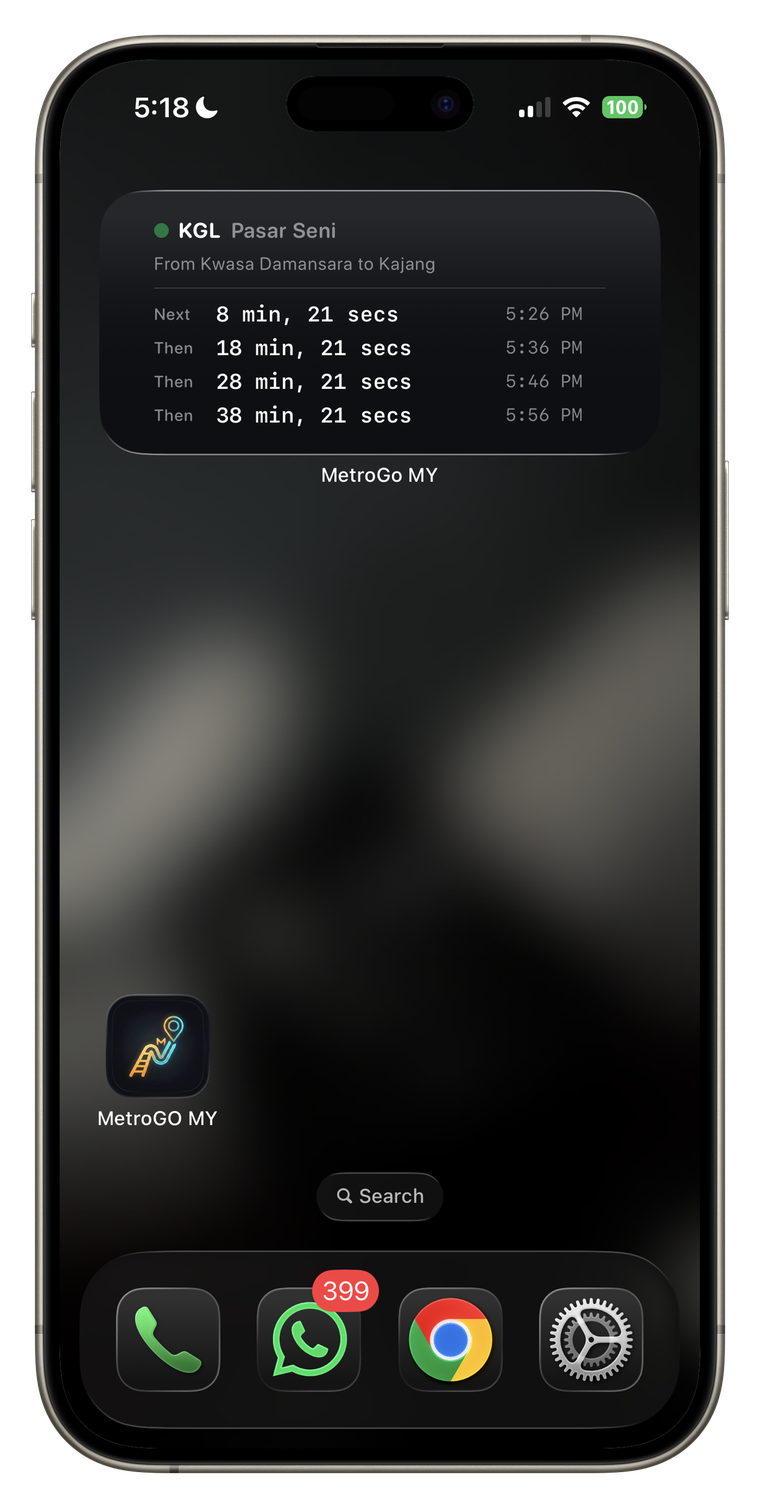 MetroGO MY Home Screen widget showing next departures